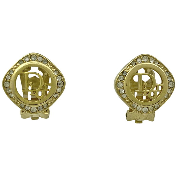 Christian Dior Logo Rhinestone Earrings Diamond GP Gold - Picture 1 of 3